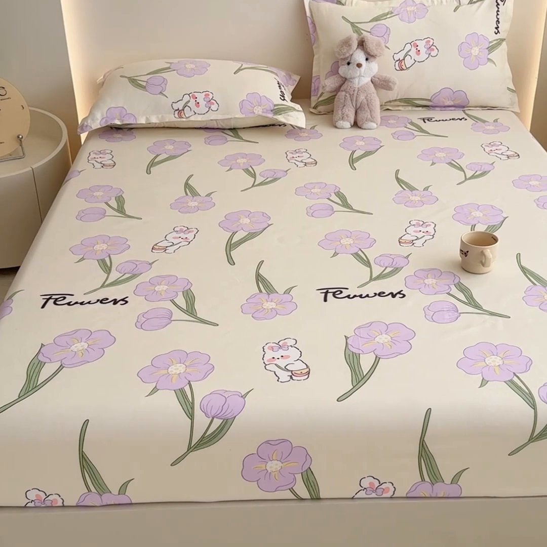 91家纺网 家纺一手货源 找家纺 梦舒阳 2025新款磨毛植物羊绒单床笠三件套单品床笠 甜甜小兔