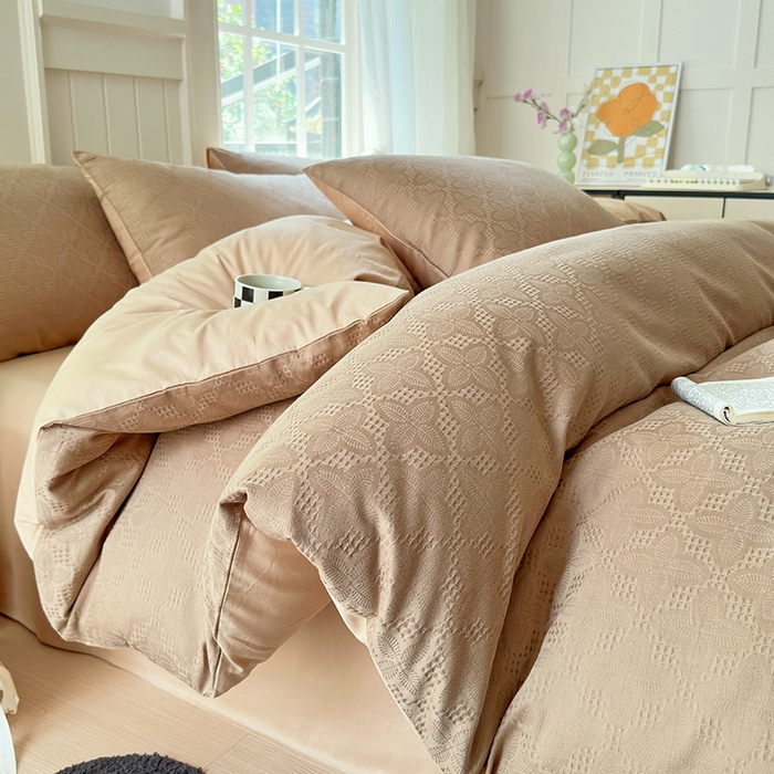 菡宝 2025新款全棉纯棉色织小提花四件套支持定制定做尺寸 四叶草卡其