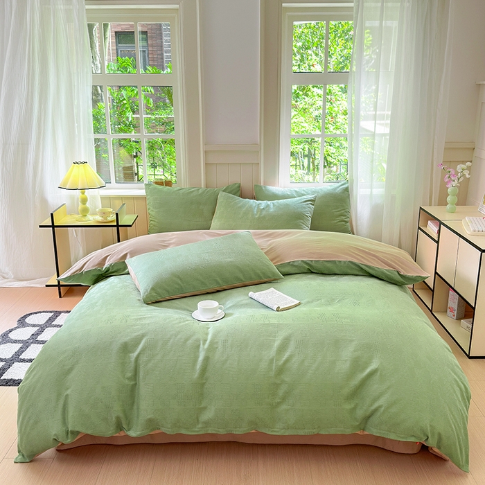 91家纺网 家纺一手货源 找家纺 菡宝 2025新款全棉纯棉色织小提花四件套支持定制定做尺寸 暴力熊绿