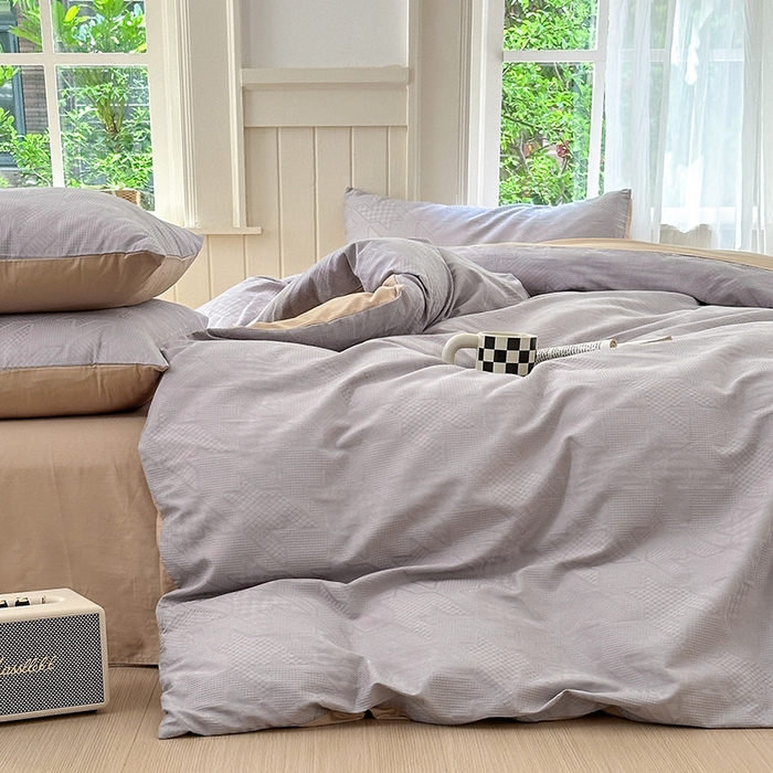 91家纺网 家纺一手货源 找家纺 菡宝 2025新款全棉纯棉色织小提花四件套支持定制定做尺寸 千鸟格灰