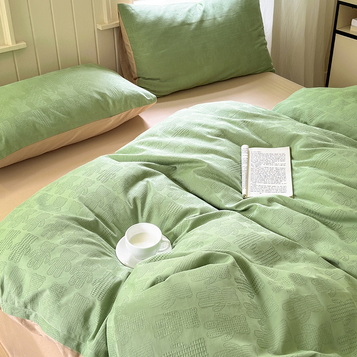 91家纺网 家纺一手货源 找家纺 菡宝 2025新款全棉纯棉色织小提花四件套支持定制定做尺寸 暴力熊绿