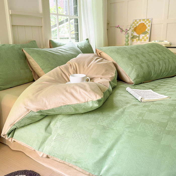 91家纺网 家纺一手货源 找家纺 菡宝 2025新款全棉纯棉色织小提花四件套支持定制定做尺寸 暴力熊绿