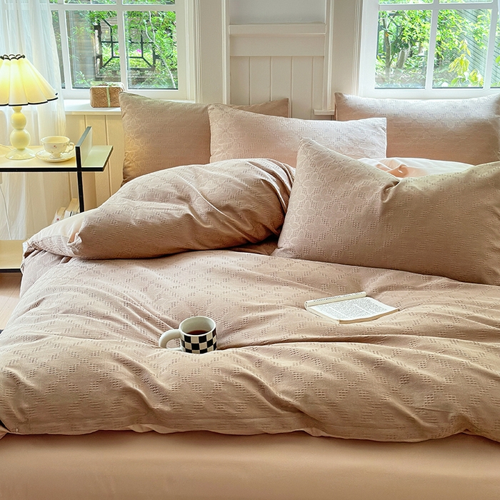 91家纺网 家纺一手货源 找家纺 菡宝 2025新款全棉纯棉色织小提花四件套支持定制定做尺寸 四叶草卡其