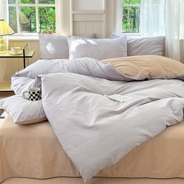 91家纺网 家纺一手货源 找家纺 菡宝 2025新款全棉纯棉色织小提花四件套支持定制定做尺寸 千鸟格灰