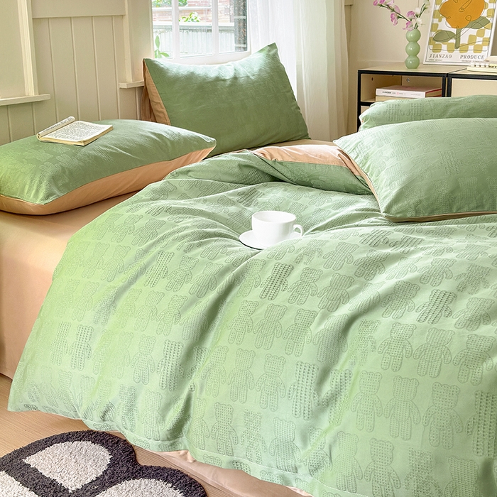 91家纺网 家纺一手货源 找家纺 菡宝 2025新款全棉纯棉色织小提花四件套支持定制定做尺寸 暴力熊绿