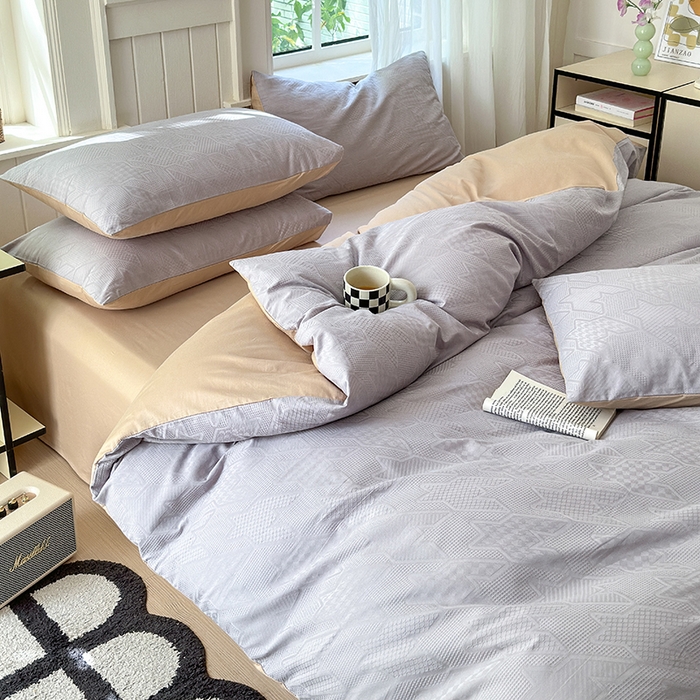 91家纺网 家纺一手货源 找家纺 菡宝 2025新款全棉纯棉色织小提花四件套支持定制定做尺寸 千鸟格灰