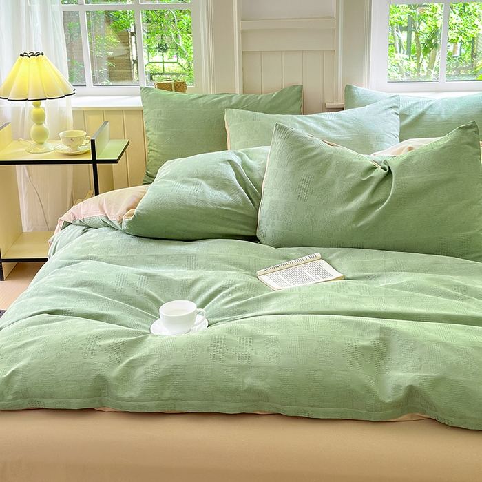 91家纺网 家纺一手货源 找家纺 菡宝 2025新款全棉纯棉色织小提花四件套支持定制定做尺寸 暴力熊绿