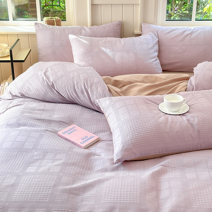 91家纺网 家纺一手货源 找家纺 菡宝 2025新款全棉纯棉色织小提花四件套支持定制定做尺寸 大方块紫