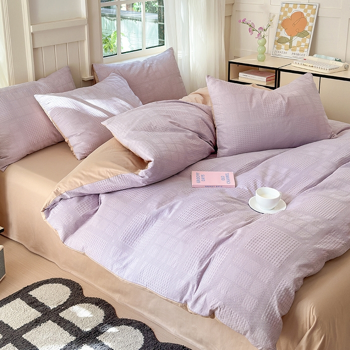 91家纺网 家纺一手货源 找家纺 菡宝 2025新款全棉纯棉色织小提花四件套支持定制定做尺寸 大方块紫