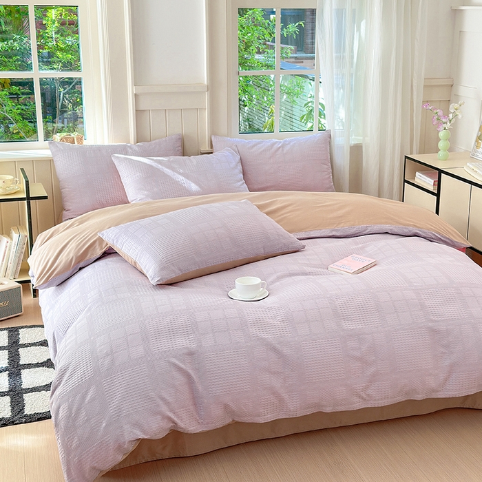 91家纺网 家纺一手货源 找家纺 菡宝 2025新款全棉纯棉色织小提花四件套支持定制定做尺寸 大方块紫