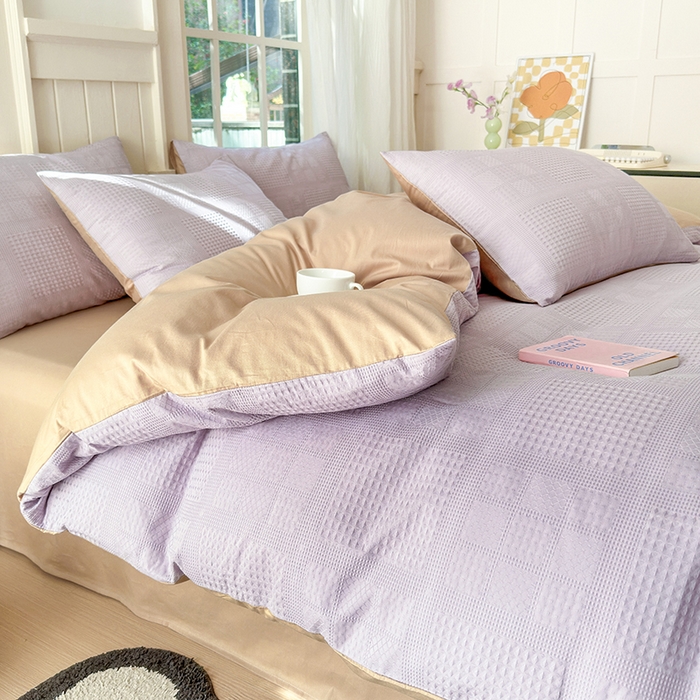 91家纺网 家纺一手货源 找家纺 菡宝 2025新款全棉纯棉色织小提花四件套支持定制定做尺寸 大方块紫