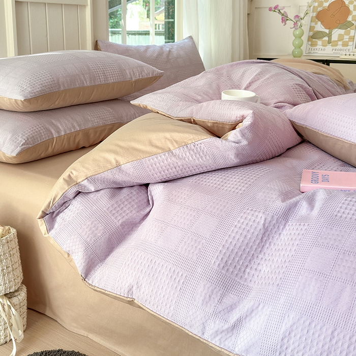 91家纺网 家纺一手货源 找家纺 菡宝 2025新款全棉纯棉色织小提花四件套支持定制定做尺寸 大方块紫