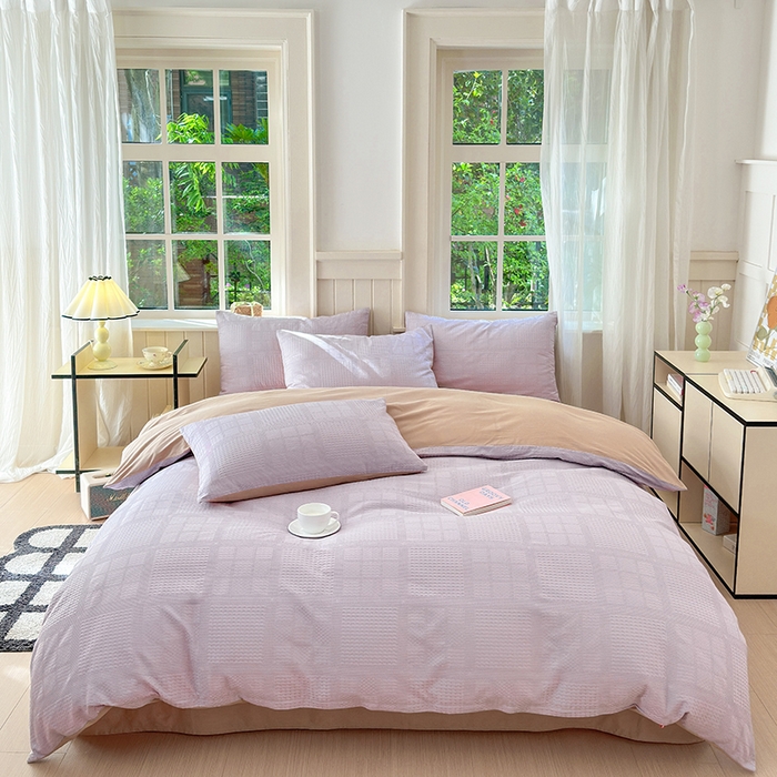 91家纺网 家纺一手货源 找家纺 菡宝 2025新款全棉纯棉色织小提花四件套支持定制定做尺寸 大方块紫