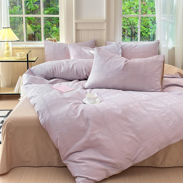 91家纺网 家纺一手货源 找家纺 菡宝 2025新款全棉纯棉色织小提花四件套支持定制定做尺寸 大方块紫