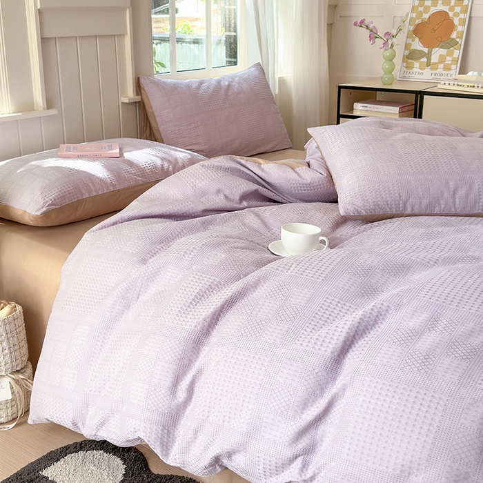 91家纺网 家纺一手货源 找家纺 菡宝 2025新款全棉纯棉色织小提花四件套支持定制定做尺寸 大方块紫