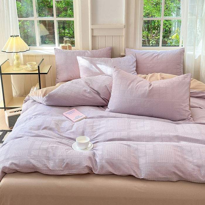 91家纺网 家纺一手货源 找家纺 菡宝 2025新款全棉纯棉色织小提花四件套支持定制定做尺寸 大方块紫