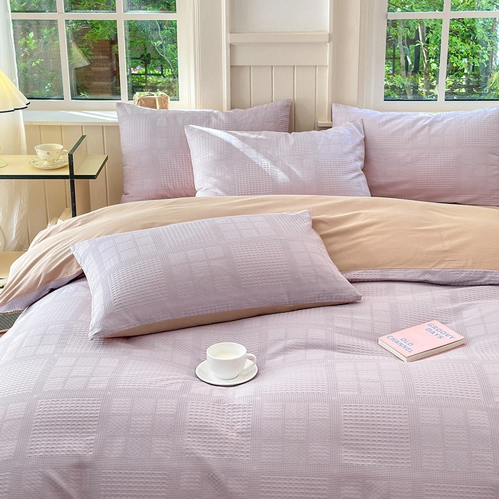 91家纺网 家纺一手货源 找家纺 菡宝 2025新款全棉纯棉色织小提花四件套支持定制定做尺寸 大方块紫