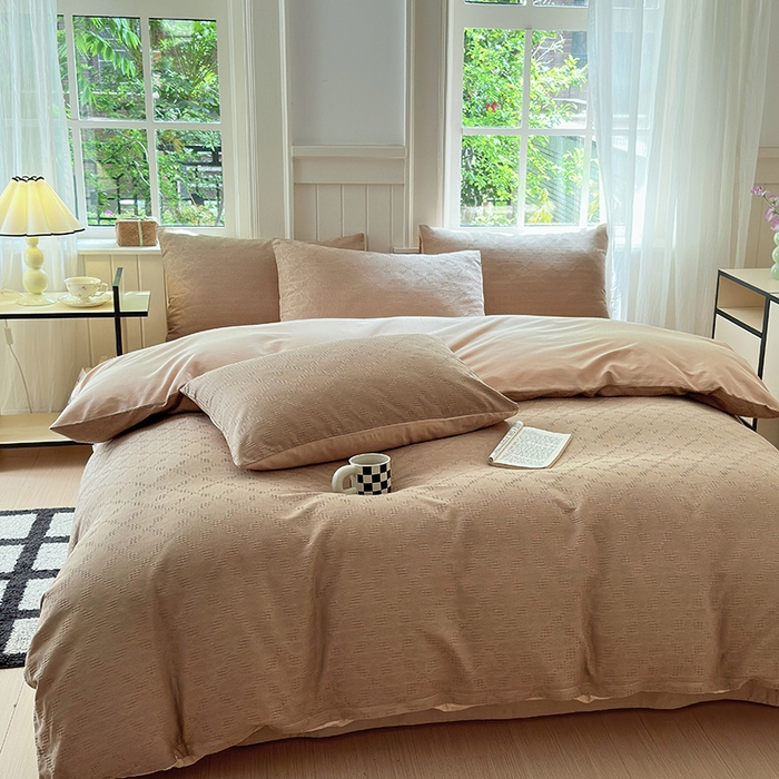 91家纺网 家纺一手货源 找家纺 菡宝 2025新款全棉纯棉色织小提花四件套支持定制定做尺寸 四叶草卡其