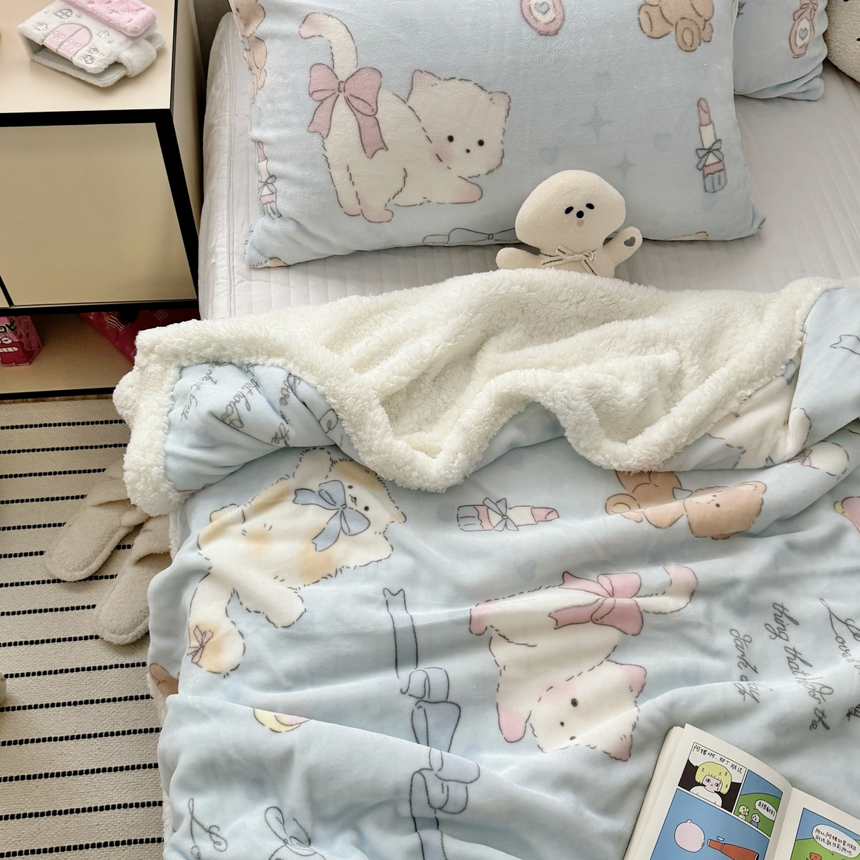 91家纺网 家纺一手货源 找家纺 大元 2025新款ins加厚小清新牛奶绒羊羔绒毛毯午睡毯沙发盖毯 礼物猫