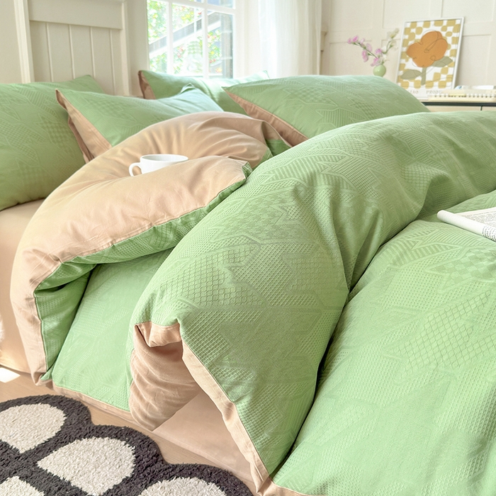 菡宝 2025新款全棉纯棉色织小提花四件套支持定制定做尺寸 千鸟格绿