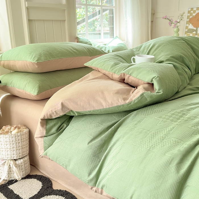 91家纺网 家纺一手货源 找家纺 菡宝 2025新款全棉纯棉色织小提花四件套支持定制定做尺寸 千鸟格绿