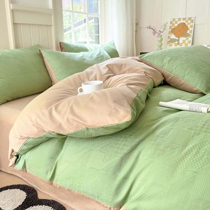 91家纺网 家纺一手货源 找家纺 菡宝 2025新款全棉纯棉色织小提花四件套支持定制定做尺寸 千鸟格绿