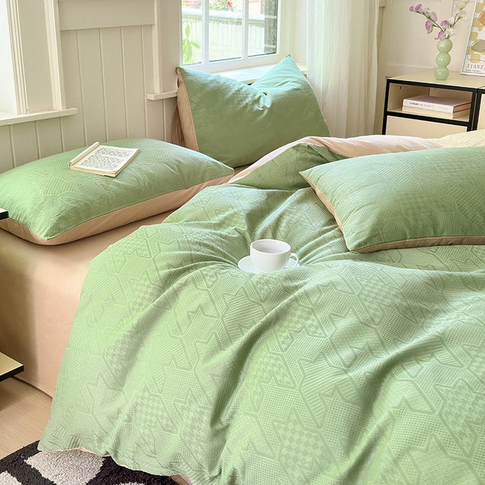 91家纺网 家纺一手货源 找家纺 菡宝 2025新款全棉纯棉色织小提花四件套支持定制定做尺寸 千鸟格绿