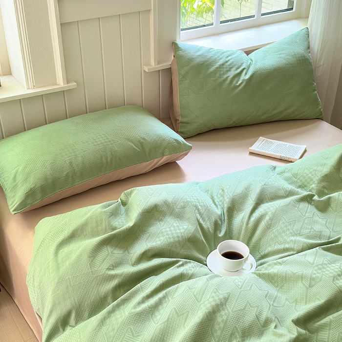 91家纺网 家纺一手货源 找家纺 菡宝 2025新款全棉纯棉色织小提花四件套支持定制定做尺寸 千鸟格绿