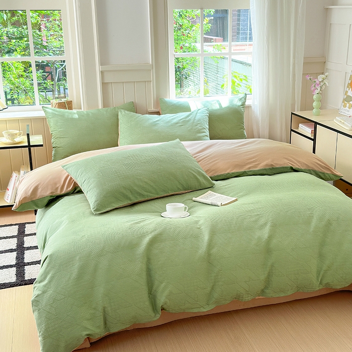 91家纺网 家纺一手货源 找家纺 菡宝 2025新款全棉纯棉色织小提花四件套支持定制定做尺寸 千鸟格绿