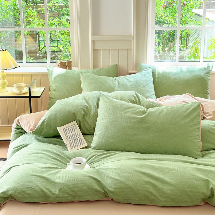 91家纺网 家纺一手货源 找家纺 菡宝 2025新款全棉纯棉色织小提花四件套支持定制定做尺寸 千鸟格绿