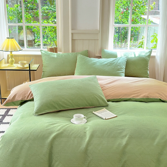 91家纺网 家纺一手货源 找家纺 菡宝 2025新款全棉纯棉色织小提花四件套支持定制定做尺寸 千鸟格绿