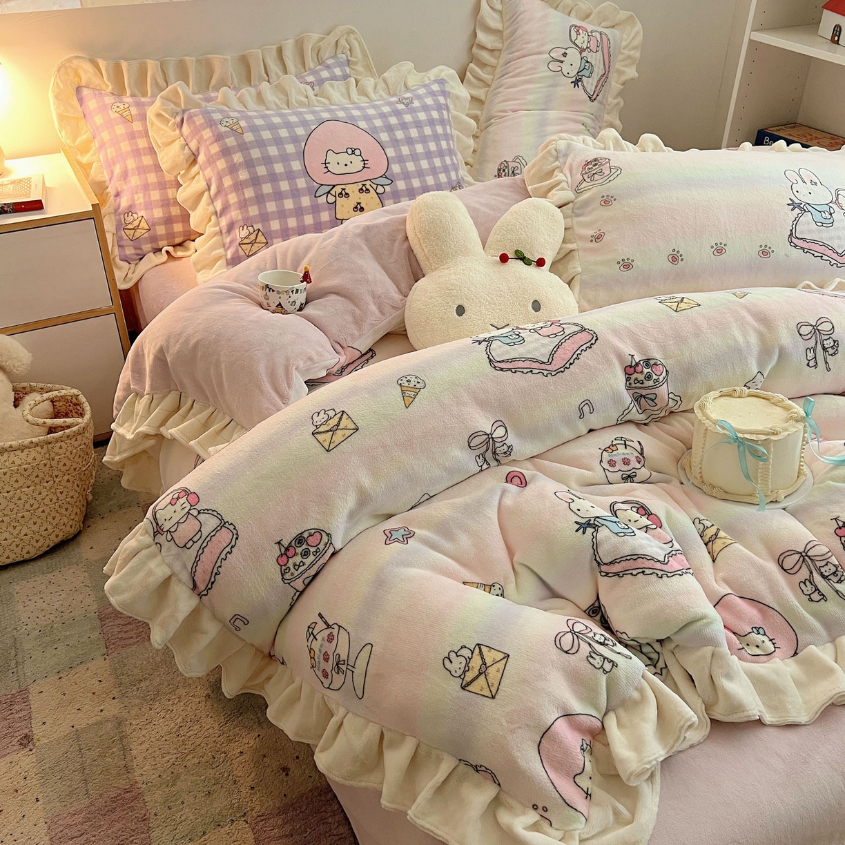 91家纺网 家纺一手货源 找家纺 沐慕 2025新款高克重花边款牛奶绒四件套 花边-彩虹伙伴