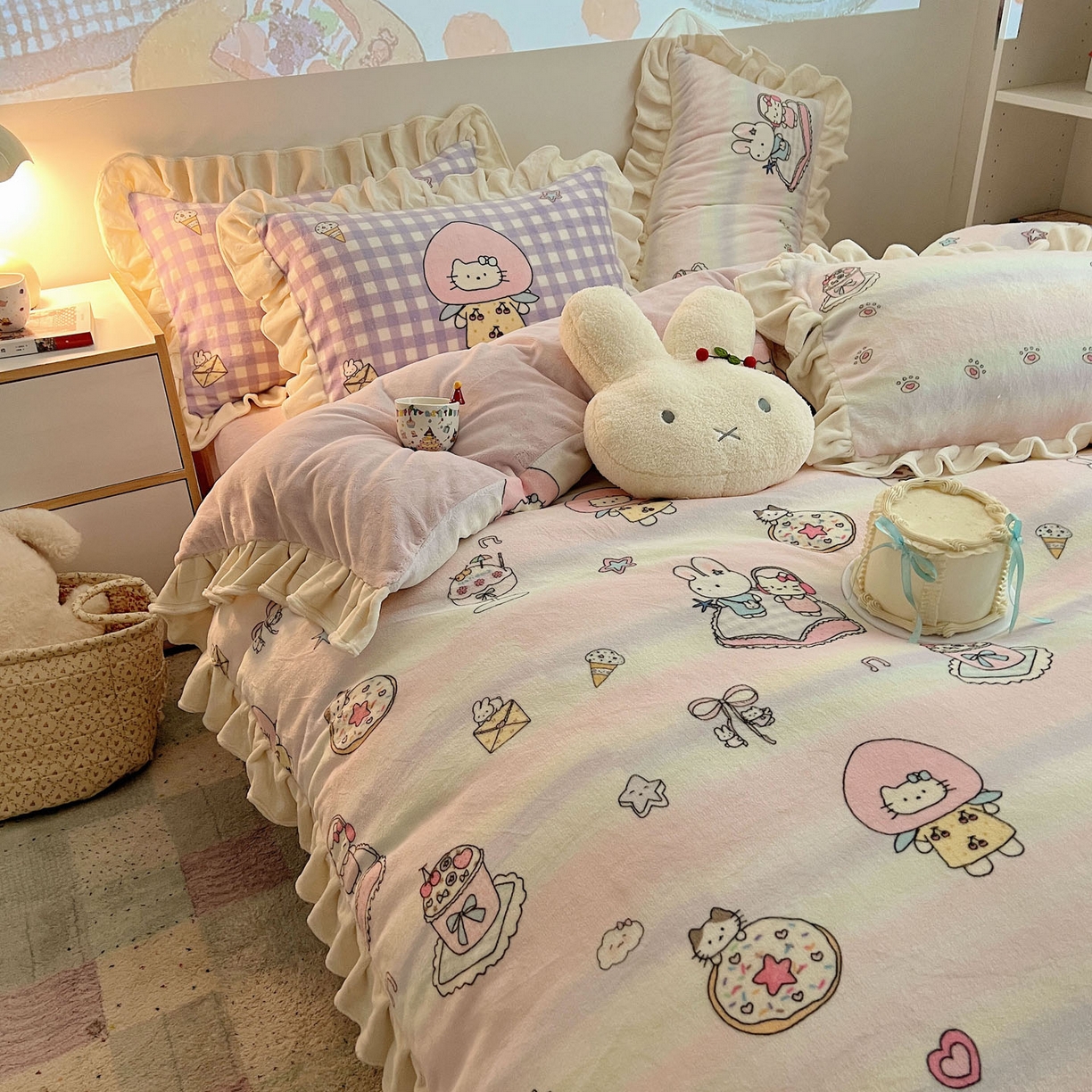 91家纺网 家纺一手货源 找家纺 沐慕 2025新款高克重花边款牛奶绒四件套 花边-彩虹伙伴