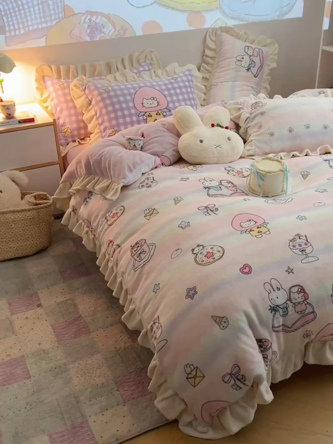 91家纺网 家纺一手货源 找家纺 沐慕 2025新款高克重花边款牛奶绒四件套 花边-彩虹伙伴