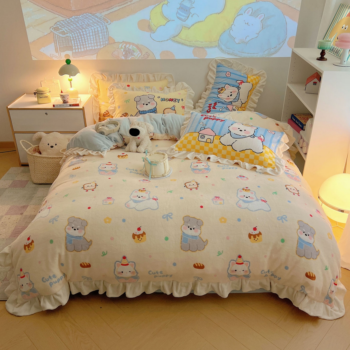 91家纺网 家纺一手货源 找家纺 沐慕 2025新款高克重花边款牛奶绒四件套 花边-哈宁小狗