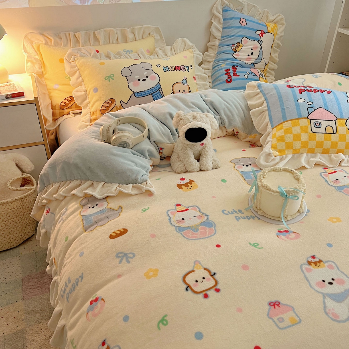 91家纺网 家纺一手货源 找家纺 沐慕 2025新款高克重花边款牛奶绒四件套 花边-哈宁小狗