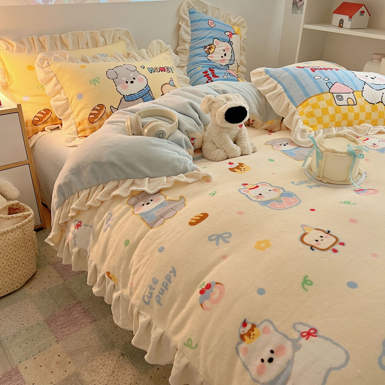 91家纺网 家纺一手货源 找家纺 沐慕 2025新款高克重花边款牛奶绒四件套 花边-哈宁小狗