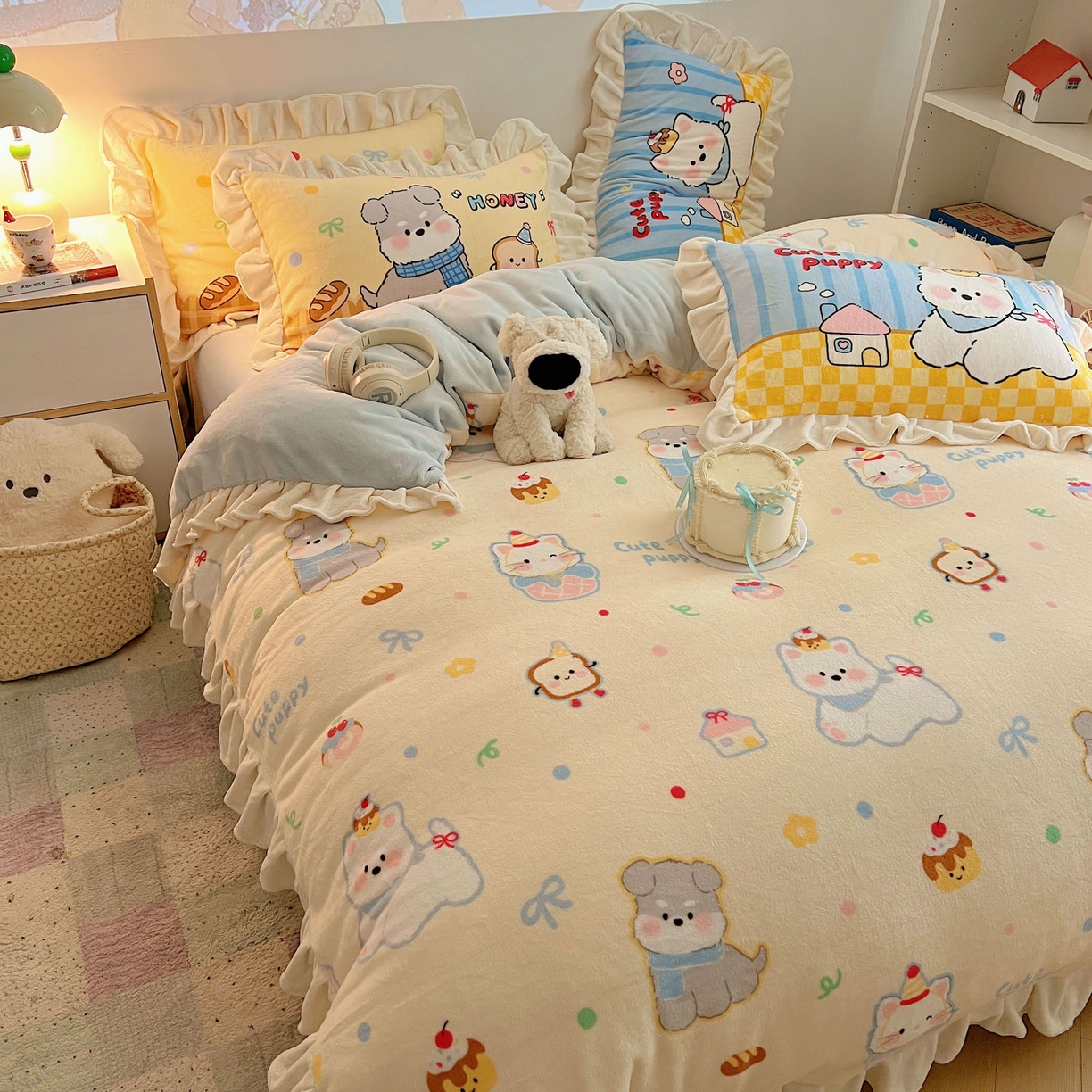 91家纺网 家纺一手货源 找家纺 沐慕 2025新款高克重花边款牛奶绒四件套 花边-哈宁小狗