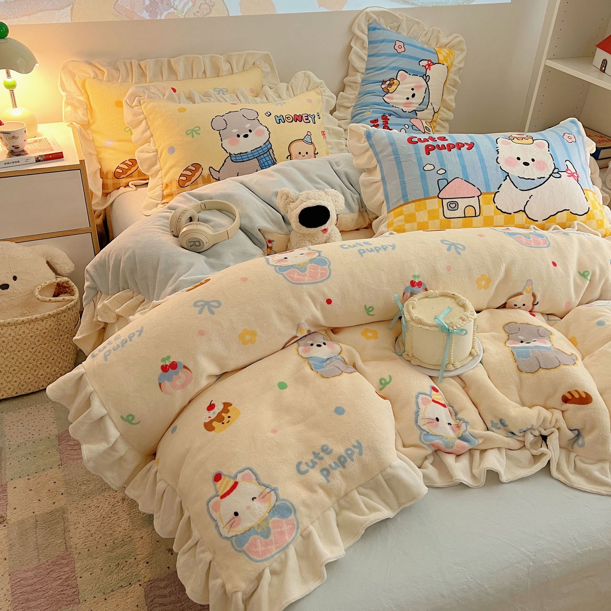 91家纺网 家纺一手货源 找家纺 沐慕 2025新款高克重花边款牛奶绒四件套 花边-哈宁小狗