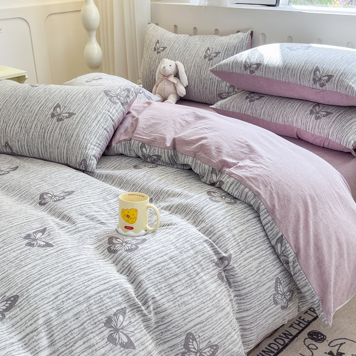 91家纺网 家纺一手货源 找家纺 菡宝 2025新款全棉纯棉色织双层纱提花四件套支持定制定做尺寸 蝶舞-紫