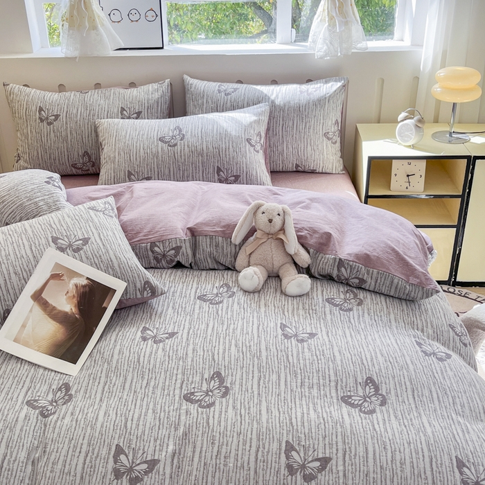 91家纺网 家纺一手货源 找家纺 菡宝 2025新款全棉纯棉色织双层纱提花四件套支持定制定做尺寸 蝶舞-紫