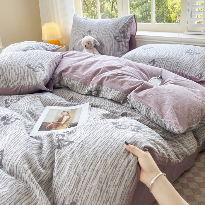 91家纺网 家纺一手货源 找家纺 菡宝 2025新款全棉纯棉色织双层纱提花四件套支持定制定做尺寸 蝶舞-紫