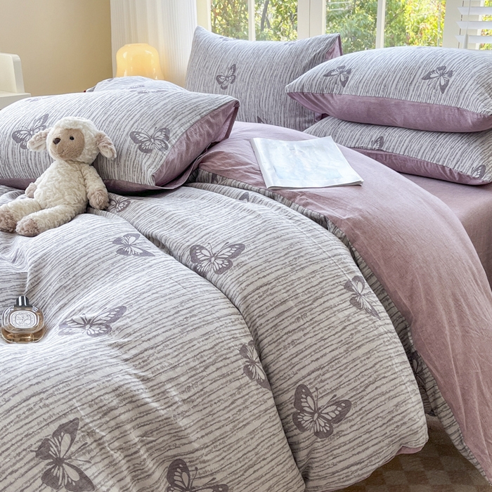 91家纺网 家纺一手货源 找家纺 菡宝 2025新款全棉纯棉色织双层纱提花四件套支持定制定做尺寸 蝶舞-紫