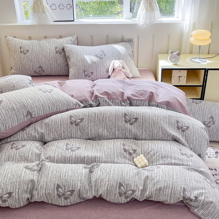 91家纺网 家纺一手货源 找家纺 菡宝 2025新款全棉纯棉色织双层纱提花四件套支持定制定做尺寸 蝶舞-紫