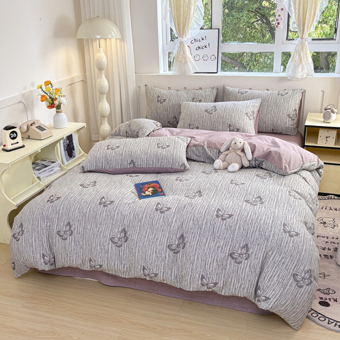 91家纺网 家纺一手货源 找家纺 菡宝 2025新款全棉纯棉色织双层纱提花四件套支持定制定做尺寸 蝶舞-紫