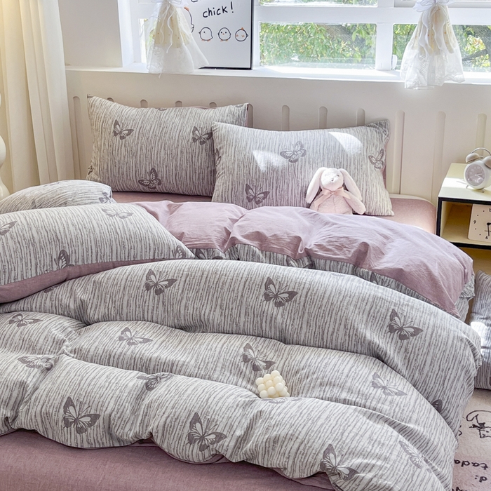 91家纺网 家纺一手货源 找家纺 菡宝 2025新款全棉纯棉色织双层纱提花四件套支持定制定做尺寸 蝶舞-紫