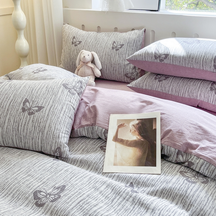 91家纺网 家纺一手货源 找家纺 菡宝 2025新款全棉纯棉色织双层纱提花四件套支持定制定做尺寸 蝶舞-紫