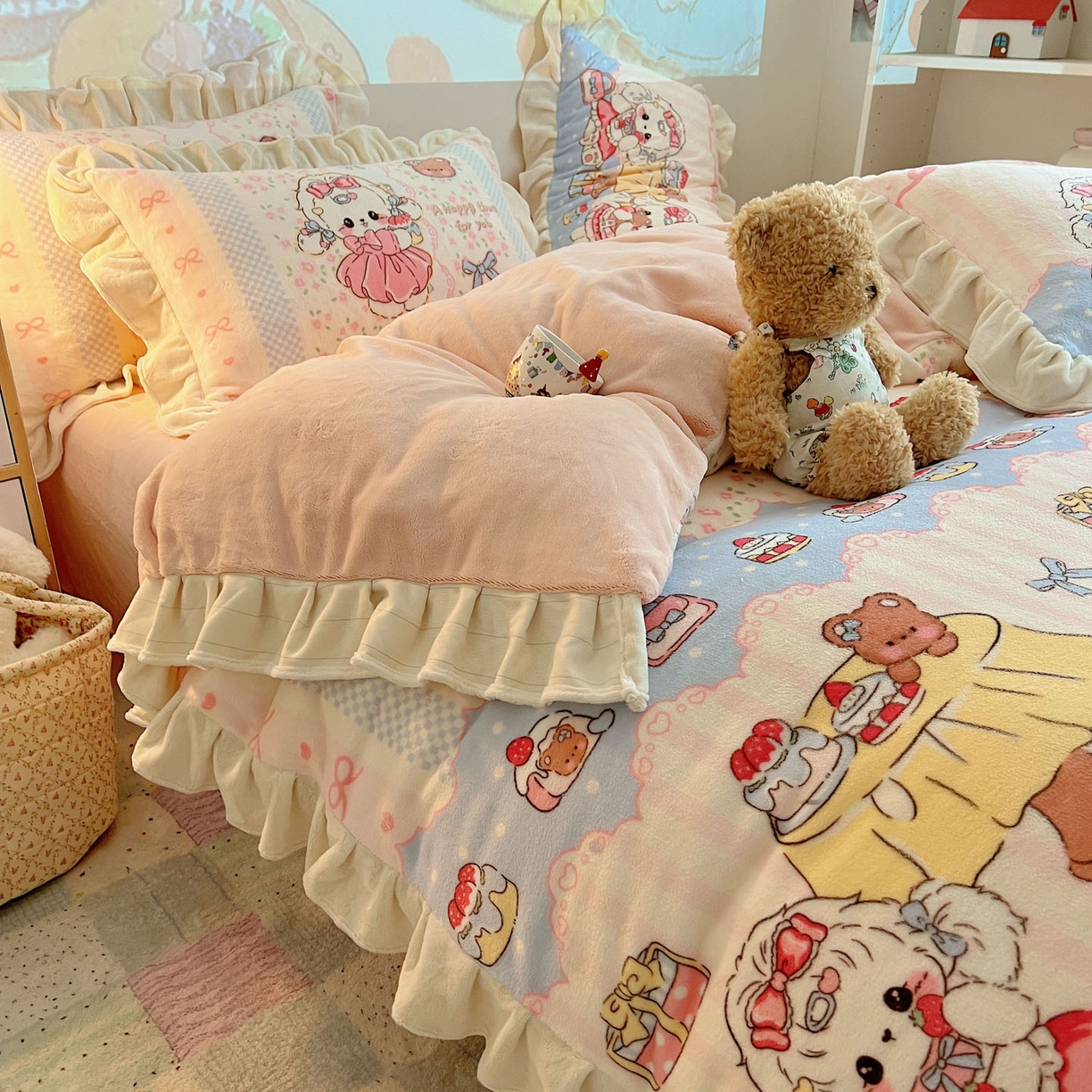 91家纺网 家纺一手货源 找家纺 沐慕 2025新款高克重花边款牛奶绒四件套 花边-洛丽塔