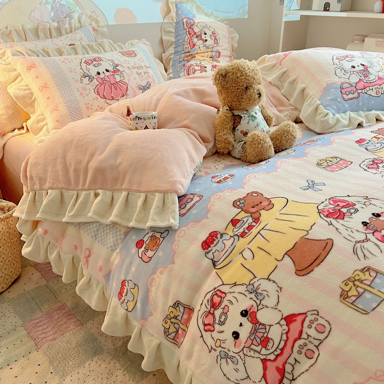 91家纺网 家纺一手货源 找家纺 沐慕 2025新款高克重花边款牛奶绒四件套 花边-洛丽塔