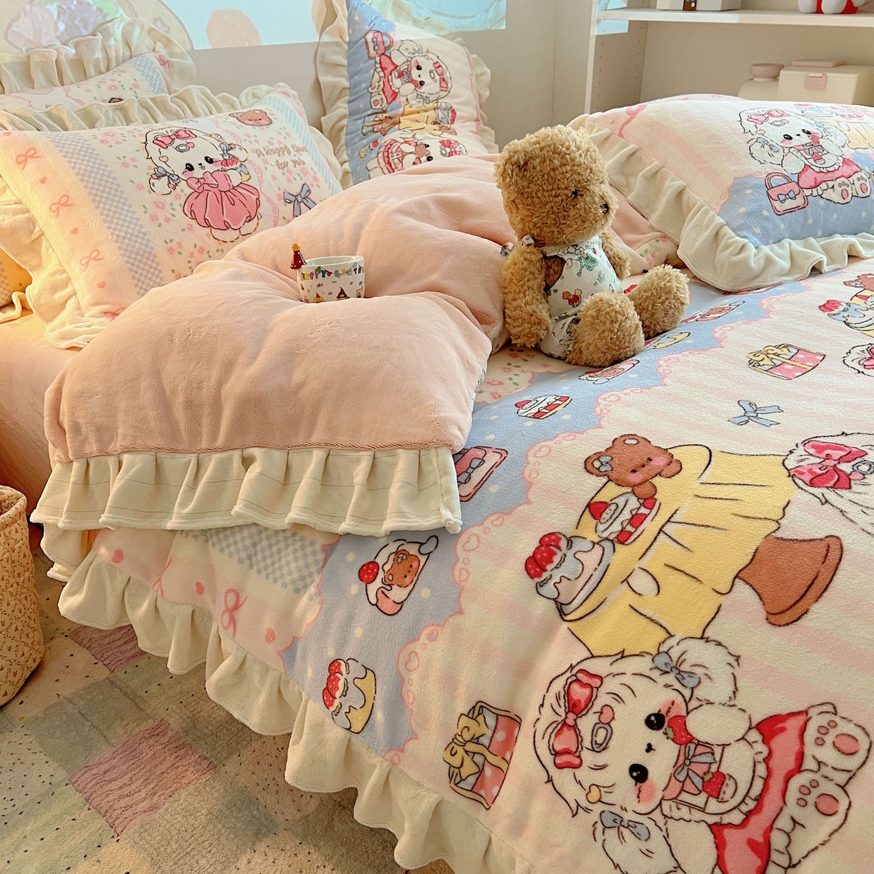 91家纺网 家纺一手货源 找家纺 沐慕 2025新款高克重花边款牛奶绒四件套 花边-洛丽塔